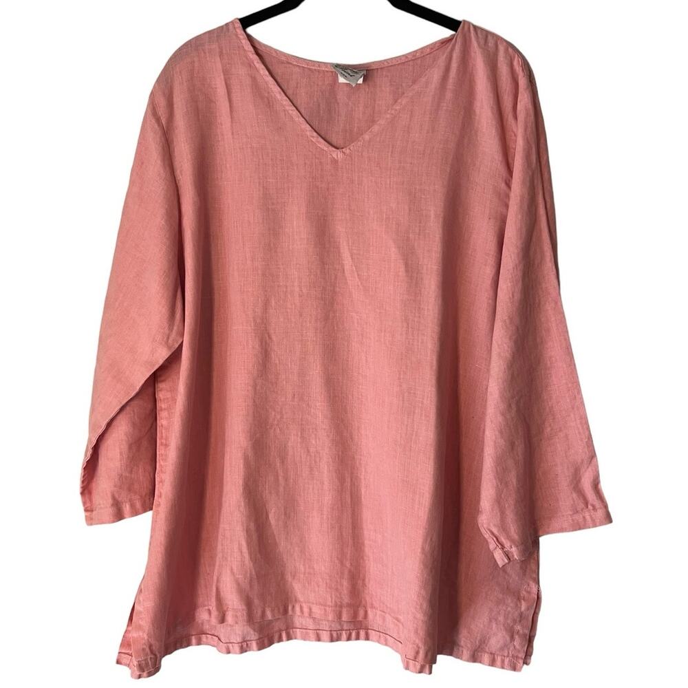 Match Point USA Pink 100% Linen Loose 3/4 Sleeve Tunic Top Sz L